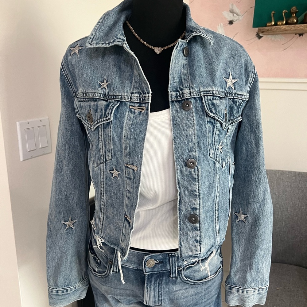 Pistola Pistola Naya Crop Star Boyfriend Denim Jacket Size XS Distressed Fringe